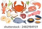 Seafood products set. Ocean meal. Prawns or crabs. Marine fish. Fresh shellfish. Lobster and oyster mollusk. Cooking delicatessen ingredients. Seafood vitamins. Garish vector set