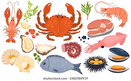 Seafood products set. Ocean meal. Prawns or crabs. Marine fish. Fresh shellfish. Lobster and oyster mollusk. Cooking delicatessen ingredients. Seafood vitamins. Garish vector set