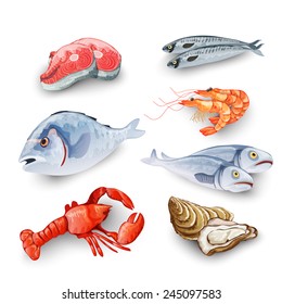 Seafood products set with salmon steak shrimp prawns fish crab isolated vector illustration