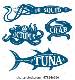 Seafood quote set placed on blue sea animals bodies isolated and colored vector illustration