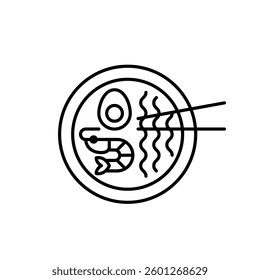 Seafood ramen. Japanese cuisine. Noodles with shrimp and egg. Pixel perfect, editable stroke vector icon