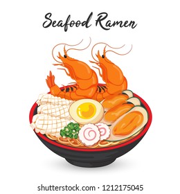 Fideos de ramen de marisco.
Los ingredientes incluyen huevos, camarones, mejillones, calamares, leones y tortas de pescado naruto.