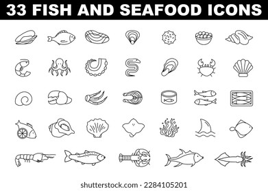 Seafood and raw fish icons set. Simple black and white collection of ocean or sea animals. Marine restaurant or market elements. Flat vector illustration.