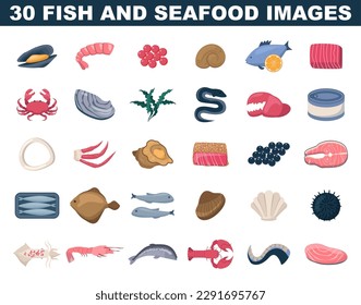 Seafood and raw fish set. Collection of gourmet ocean or sea meal. Marine restaurant or market elements menu. Shrimp, eel, squid. Flat vector illustration.