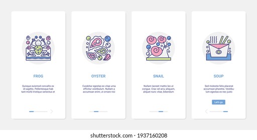 Seafood raw products, delicious fastfood menu ingredients for soup vector illustration. UX, UI onboarding mobile app page screen set with line appetizers, frog oyster snail mussel symbol collection