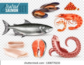 Seafood realistic set with whole fresh salmon shrimps squid slices octopus tentacles mussels transparent background vector illustration