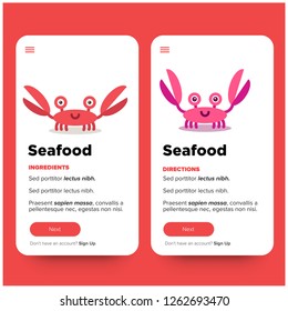 Seafood Recipe App with Cute Crab Cartoon Vector Illustration