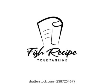 Seafood recipe book logo with fish paper illustration vector