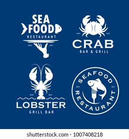 Seafood related labels badges emblems set. Monochrome design elements for sea food cafe, restaurant, grill bar advertising. Nautical objects for prints and posters. Vector vintage illustration.