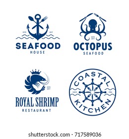 Seafood related labels badges emblems set. Monochrome design elements for sea food cafe, restaurant, grill bar advertising. Nautical objects for prints and posters. Vector vintage illustration.