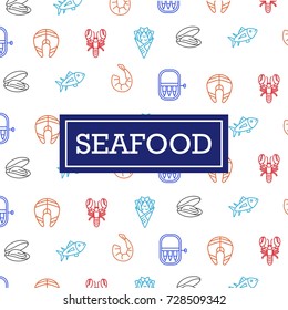 Seafood related pattern, background with line icons of lobster, canned sardines, salmon slice, fish and chips.