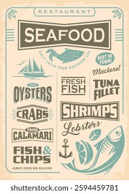 Seafood restaurant antique menu design on old paper texture. Retro menu for seaside restaurant or bistro. Food vector illustration.