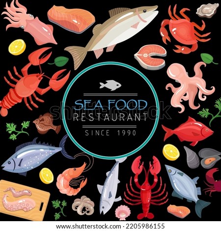 Seafood Restaurant background with fish prawns, Crab, Prawn and lobster.
