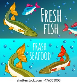 Seafood Restaurant. Seafood Background. Fresh fish, salmon. Vector illustration