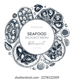 Seafood restaurant banner design. Hand drawn tinned fish and cooked shellfish illustrations - mussels, oysters, shrimps, caviar, clams, squids sketch style. Vector wreath  isolated on white background