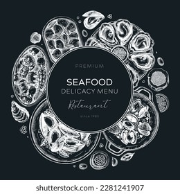 Seafood restaurant banner design. Hand drawn tinned fish and cooked shellfish illustrations - mussels, oysters, shrimps, caviar, clams, squids in sketch style. Vector wreath template on chalkboard