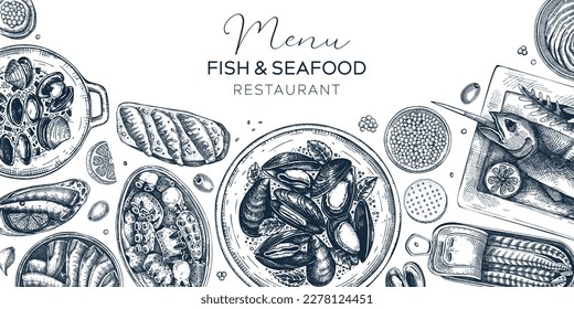 Seafood restaurant banner design. Hand-drawn mussels, oysters, caviar, grilled fish, canned fish canape isolated on white background. Restaurant menu, finger food party banner design in sketch style