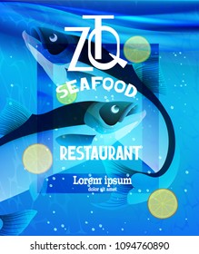 Seafood restaurant banner with fishes in a water. Vector illustration