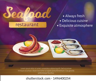 Seafood Restaurant Banner. Fresh Octopus And Mussels Lying On Plate With Lemon And Ketchup Sauсe. Delicacy Exotic Foodie Dish Menu, Flyer, Advertising Brochure Design, Realistic 3d Vector Illustration