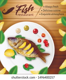 Seafood Restaurant Banner. Fresh and Tasty Fried Fish Lying on Plate with Lemon Slices, Tomatoes, Green Leaves and Different Sauces on Wooden Table Background Top View Realistic 3d Vector Illustration