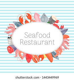 Seafood restaurant banner, poster vector illustration. Fish salmon steak with lemon, shrimp, squid, octopus, lobster with crabs and tuna. Fresh products for restaurants and cafes.