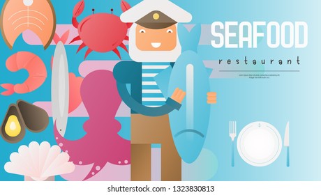 Seafood Restaurant Banner. Sailor, Marine Food on Advertisement for Fish Restaurant, Ocean Bar, Cafe. Vector Illustration. 