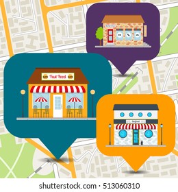 Seafood restaurant, barbershop, fast food restaurant icons on city map. Building facades set. EPS10 vector illustration in flat style.