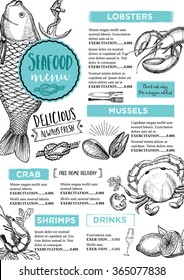 Seafood Restaurant Brochure, Menu Design. Vector Cafe Template With Hand-drawn Graphic. Food Flyer.
