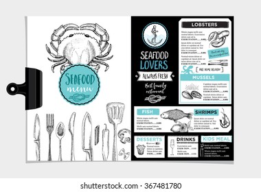 Seafood restaurant brochure, menu design. Vector cafe template with hand-drawn graphic. Food flyer.