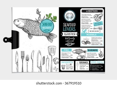 Seafood restaurant brochure, menu design. Vector cafe template with hand-drawn graphic. Food flyer.