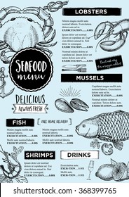 Seafood restaurant brochure, menu design. Vector cafe template with hand-drawn graphic. Food flyer.