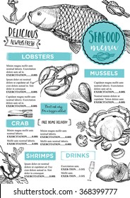 Seafood Restaurant Brochure, Menu Design. Vector Cafe Template With Hand-drawn Graphic. Food Flyer.