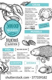 Seafood Restaurant Brochure, Menu Design. Vector Cafe Template With Hand-drawn Graphic. Food Flyer.