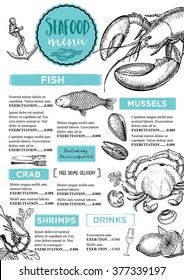 Seafood restaurant brochure, menu design. Vector cafe template with hand-drawn graphic. Food flyer.