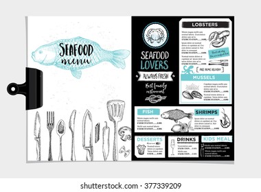 Seafood restaurant brochure, menu design. Vector cafe template with hand-drawn graphic. Food flyer.