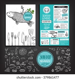 Seafood restaurant brochure, menu design. Vector cafe template with hand-drawn graphic. Food flyer.