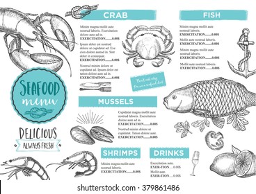 Seafood Restaurant Brochure, Menu Design. Vector Cafe Template With Hand-drawn Graphic. Food Flyer.