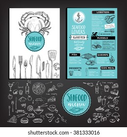 Seafood restaurant brochure, menu design. Vector cafe template with hand-drawn graphic. Food flyer.