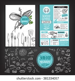 Seafood restaurant brochure, menu design. Vector cafe template with hand-drawn graphic. Food flyer.