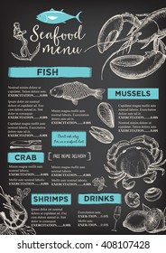 Seafood restaurant brochure, menu design. Vector cafe template with hand-drawn graphic. Food flyer.