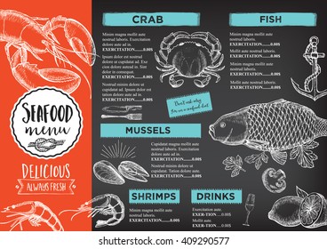 Seafood Restaurant Brochure, Menu Design. Vector Cafe Template With Hand-drawn Graphic. Food Flyer.