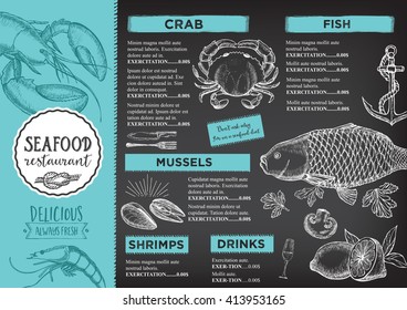 Seafood restaurant brochure, menu design. Vector cafe template with hand-drawn graphic. Food flyer.