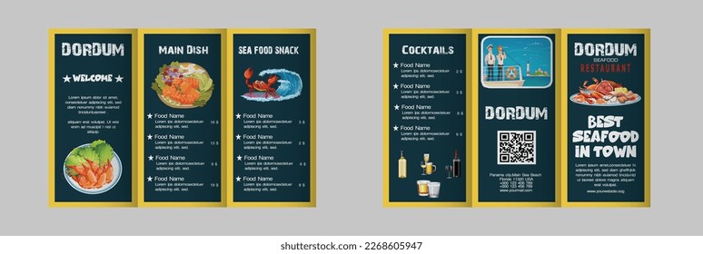 Seafood restaurant brochure, Vector seafood menu template, colored Lobster, salmon, crab, shrimp, octopus, squid,  Cocktails, Delicious menu, restaurant promotion flyer, banner, poster,eps10          