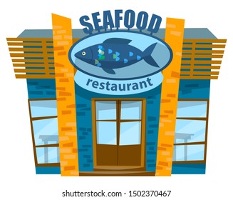 Seafood restaurant or cafe, logotype with fish on it. Brick building for business, cafe serving marine food. Facade exterior design of seafood cafeteria, nautical cuisine dishes, vector flat style