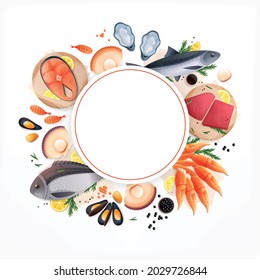 Seafood restaurant cafe shop bar appetizing background circular frame with tuna mackerel shrimps salmon shellfish realistic vector illustration