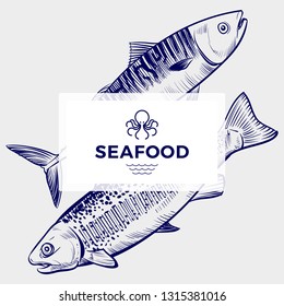 Seafood restaurant or cafe vector banner template with hand drawn engraving fish