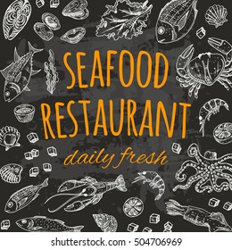 Seafood restaurant card on the chalkboard. Daily fresh. Hand drawn vector illustration. 