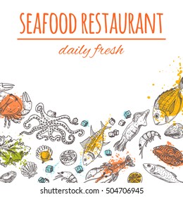 Seafood restaurant card on the watercolor splashes. Hand drawn vector illustration. 