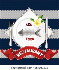 Seafood restaurant composition on the textile background