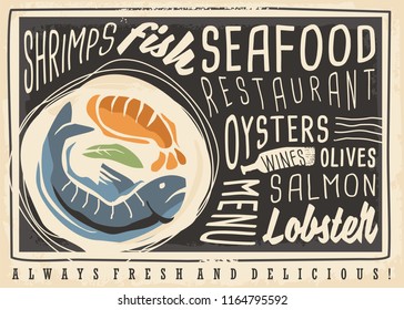 Seafood restaurant creative menu design with unique artistic drawing of fish and shrimp. Black board menu concept perfect for restaurant wall decoration. Vector illustration.